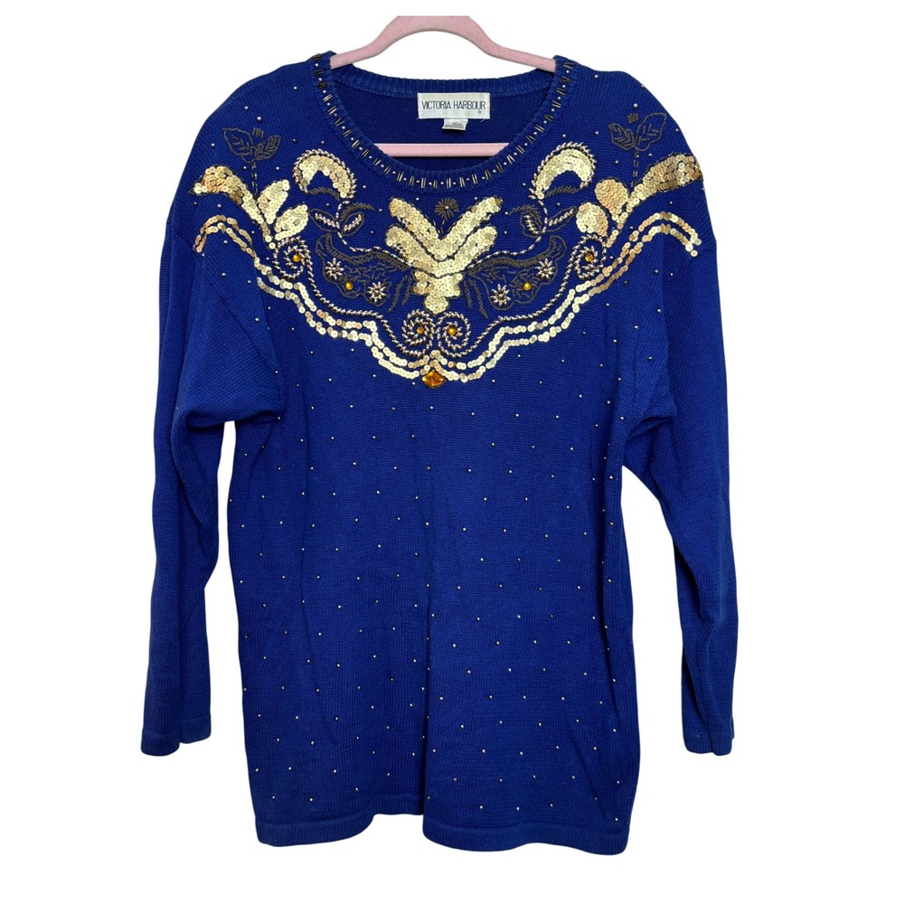 Vintage 80s Victoria Harbour Blue Sequin Beaded Sweater Women‎ L Glam Holiday